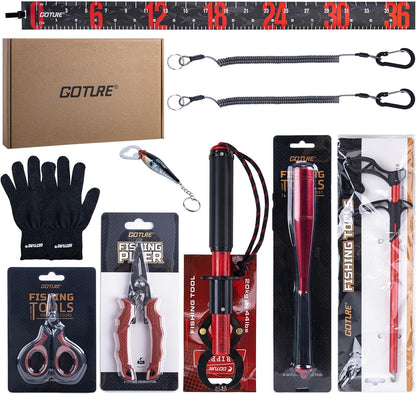 Fishing Tool Kit,Saltwater Gear Set,Red/Pink,Gifts for Men/Women | Fishing Pliers,Fillet Knife with Sheath, Fish Lip Gripper,Fish Hook Remover,Lanyard, Scissors,Sharpener,Stainless Steel Soap