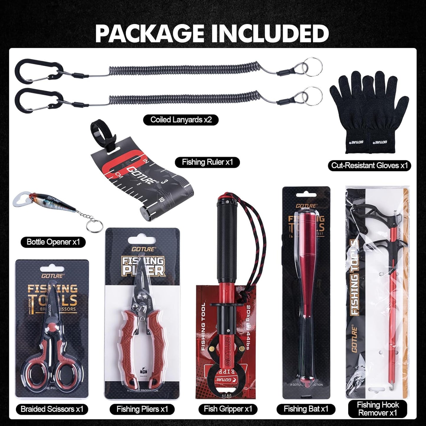 Fishing Tool Kit,Saltwater Gear Set,Red/Pink,Gifts for Men/Women | Fishing Pliers,Fillet Knife with Sheath, Fish Lip Gripper,Fish Hook Remover,Lanyard, Scissors,Sharpener,Stainless Steel Soap