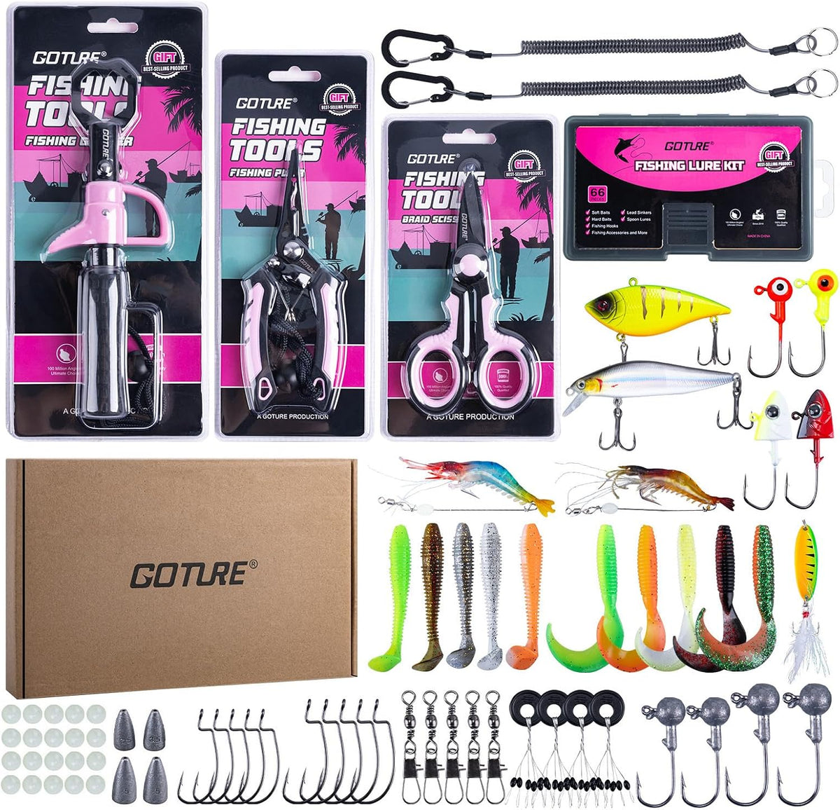 Fishing Tool Kit,Saltwater Gear Set,Red/Pink,Gifts for Men/Women | Fishing Pliers,Fillet Knife with Sheath, Fish Lip Gripper,Fish Hook Remover,Lanyard, Scissors,Sharpener,Stainless Steel Soap