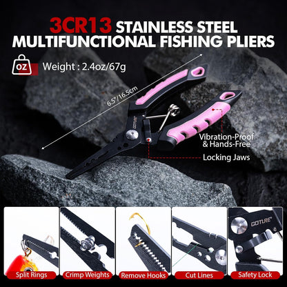 Fishing Tool Kit,Saltwater Gear Set,Red/Pink,Gifts for Men/Women | Fishing Pliers,Fillet Knife with Sheath, Fish Lip Gripper,Fish Hook Remover,Lanyard, Scissors,Sharpener,Stainless Steel Soap