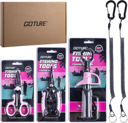 Fishing Tool Kit,Saltwater Gear Set,Red/Pink,Gifts for Men/Women | Fishing Pliers,Fillet Knife with Sheath, Fish Lip Gripper,Fish Hook Remover,Lanyard, Scissors,Sharpener,Stainless Steel Soap
