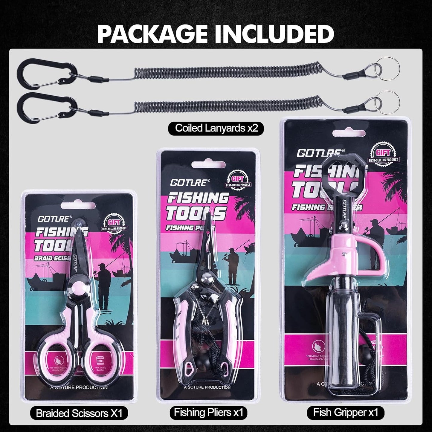 Fishing Tool Kit,Saltwater Gear Set,Red/Pink,Gifts for Men/Women | Fishing Pliers,Fillet Knife with Sheath, Fish Lip Gripper,Fish Hook Remover,Lanyard, Scissors,Sharpener,Stainless Steel Soap