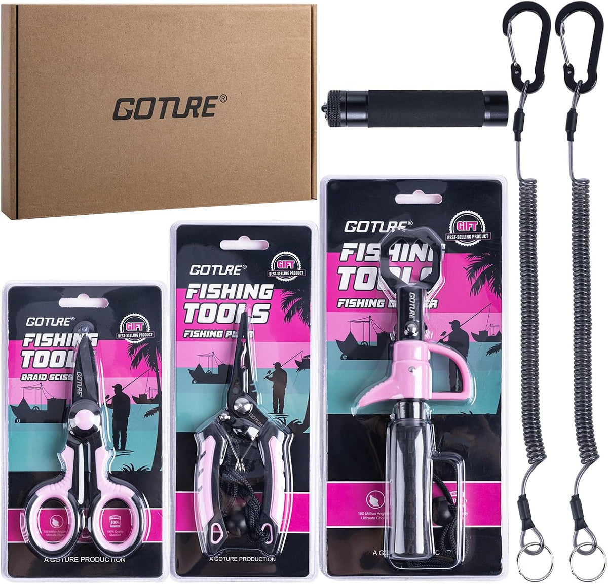 Fishing Tool Kit,Saltwater Gear Set,Red/Pink,Gifts for Men/Women | Fishing Pliers,Fillet Knife with Sheath, Fish Lip Gripper,Fish Hook Remover,Lanyard, Scissors,Sharpener,Stainless Steel Soap