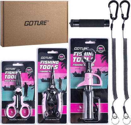 Fishing Tool Kit,Saltwater Gear Set,Red/Pink,Gifts for Men/Women | Fishing Pliers,Fillet Knife with Sheath, Fish Lip Gripper,Fish Hook Remover,Lanyard, Scissors,Sharpener,Stainless Steel Soap