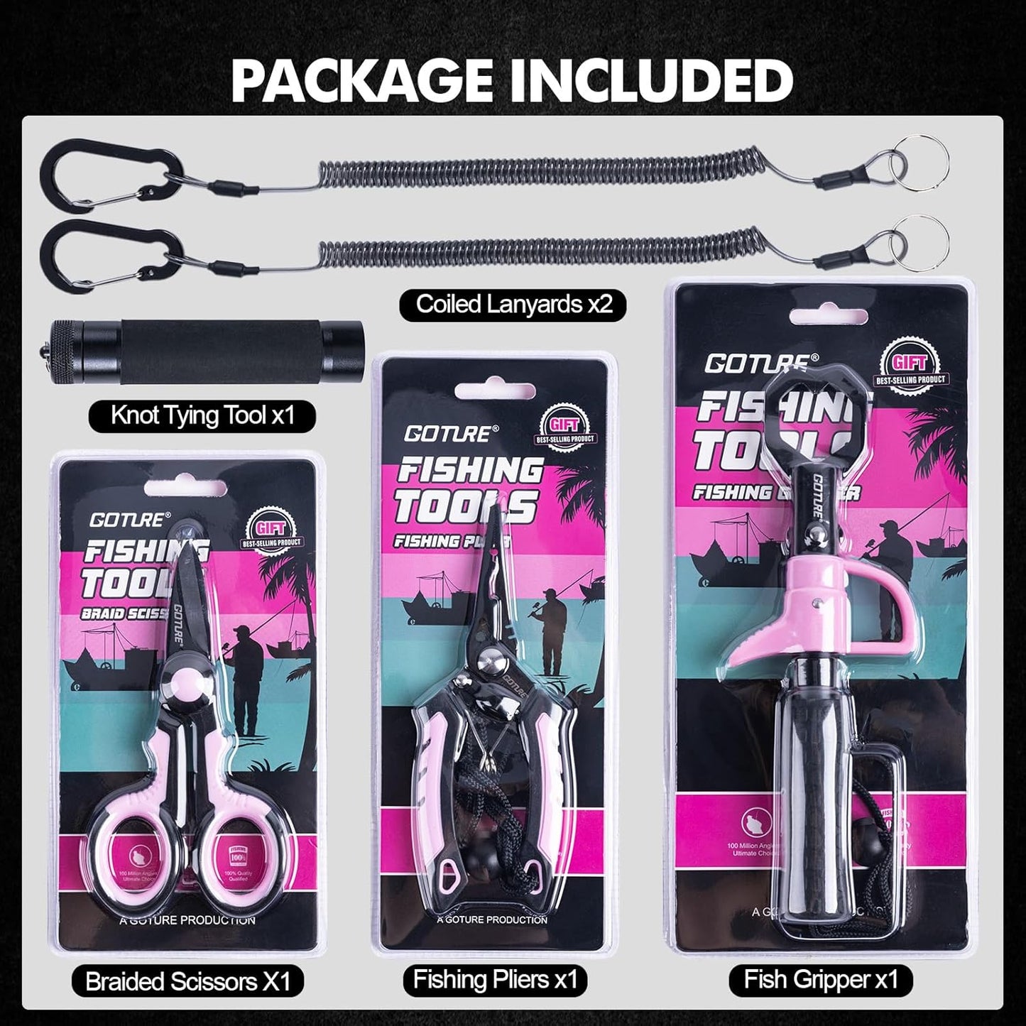 Fishing Tool Kit,Saltwater Gear Set,Red/Pink,Gifts for Men/Women | Fishing Pliers,Fillet Knife with Sheath, Fish Lip Gripper,Fish Hook Remover,Lanyard, Scissors,Sharpener,Stainless Steel Soap
