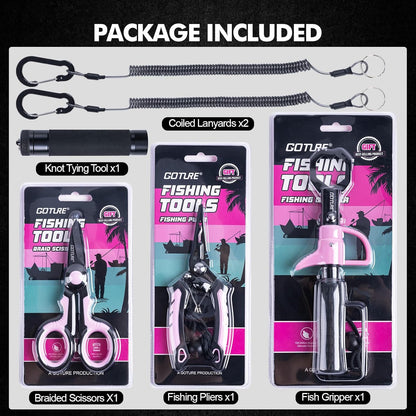 Fishing Tool Kit,Saltwater Gear Set,Red/Pink,Gifts for Men/Women | Fishing Pliers,Fillet Knife with Sheath, Fish Lip Gripper,Fish Hook Remover,Lanyard, Scissors,Sharpener,Stainless Steel Soap