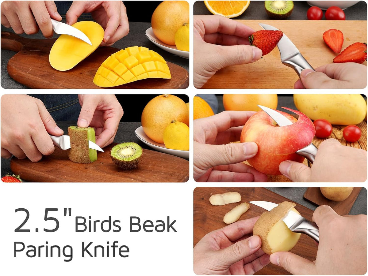 2.5 Inch Birds Beak Paring Knife, Sharp High Carbon Stainless Steel Curved Blade for Fruit and Vegetable Peeling Garnishing Cutting – Silver