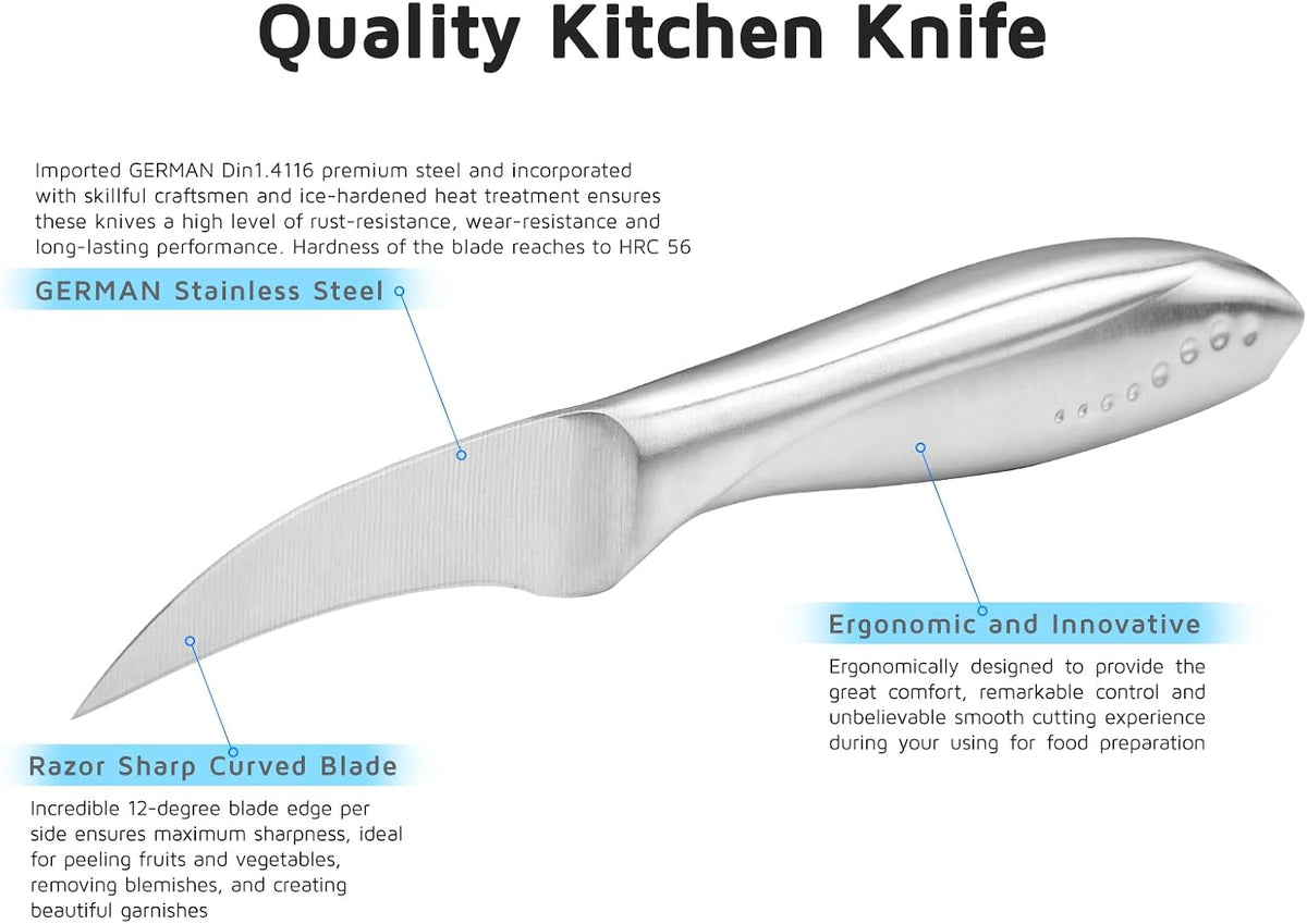 2.5 Inch Birds Beak Paring Knife, Sharp High Carbon Stainless Steel Curved Blade for Fruit and Vegetable Peeling Garnishing Cutting – Silver