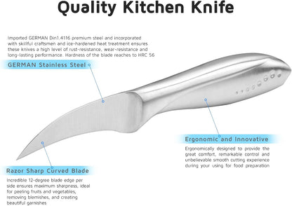 2.5 Inch Birds Beak Paring Knife, Sharp High Carbon Stainless Steel Curved Blade for Fruit and Vegetable Peeling Garnishing Cutting – Silver