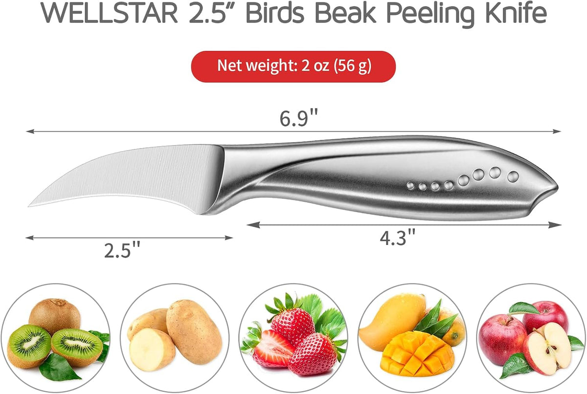 2.5 Inch Birds Beak Paring Knife, Sharp High Carbon Stainless Steel Curved Blade for Fruit and Vegetable Peeling Garnishing Cutting – Silver