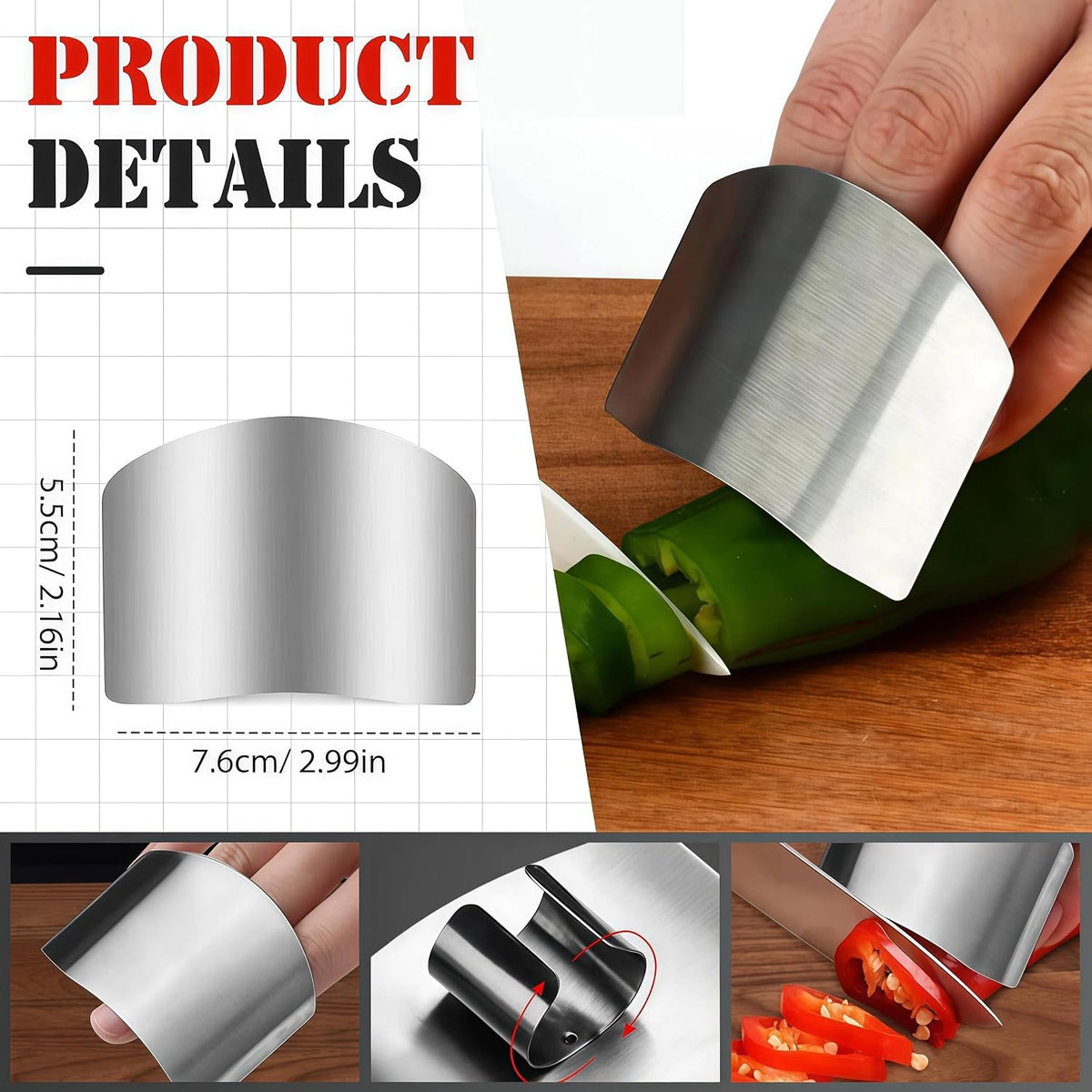 Stainless Steel Finger Guard, Universal Fit Adjustable Finger Guard Protector Finger Guards for Cutting Food, Premium Slicing Tool for Chopping, Dicing, and Kitchen Food Prep (2 Pcs)