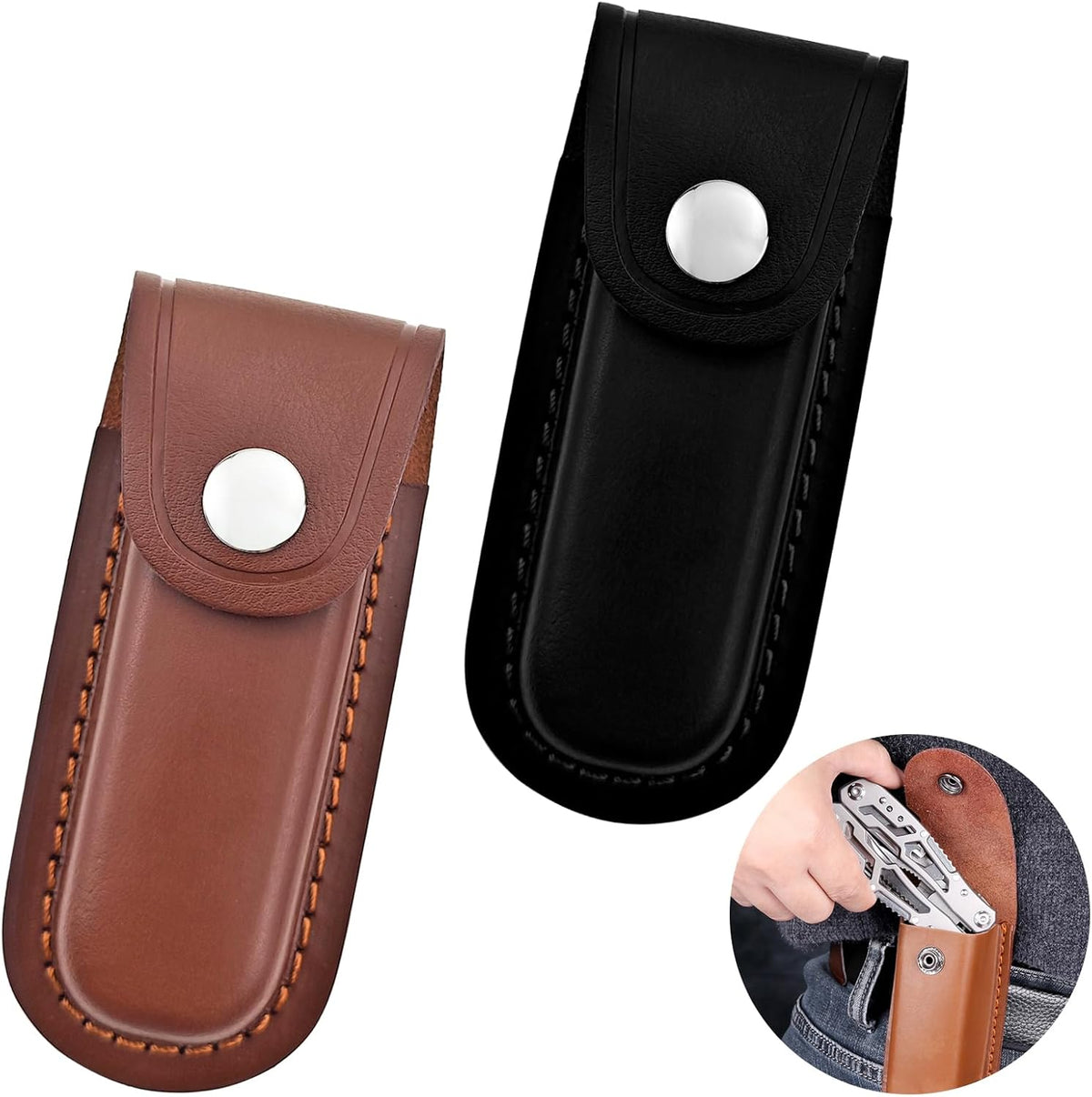2 Pack Pocket Knife Sheath, Multitool Sheath, Leather Knife Sheath Holster with Belt Loop, Snap Fastener Hunt Holder Pocket for Travel Multi Tool Case Belt Hiking Pouch Holster
