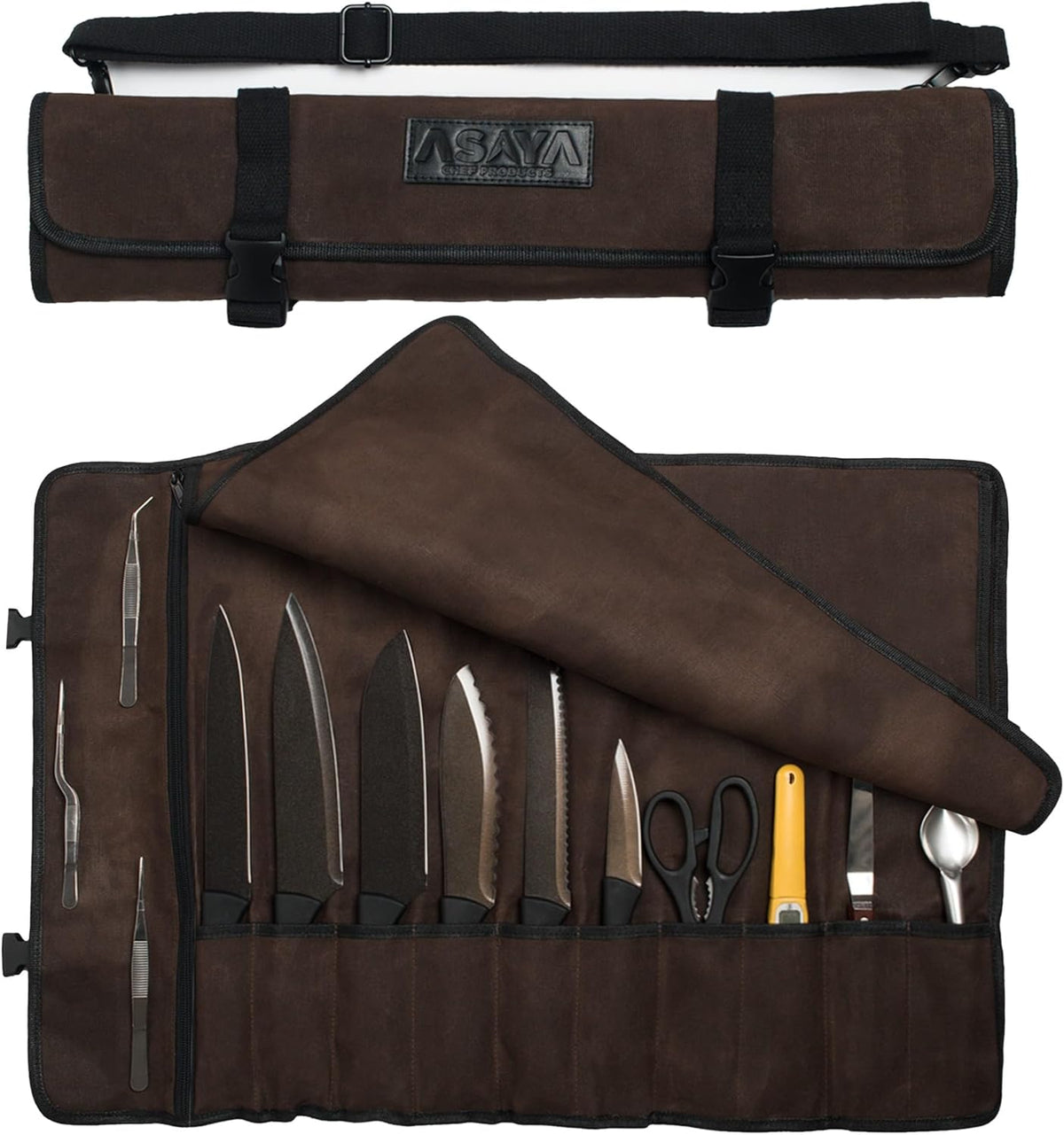 Asaya Waxed Canvas Chef Knife Roll Bag with 10 Slots and a Zipper Pocket - Professional Chef Knife Bag & Storage Case, with Shoulder Strap - Knives Not Included (Brown)