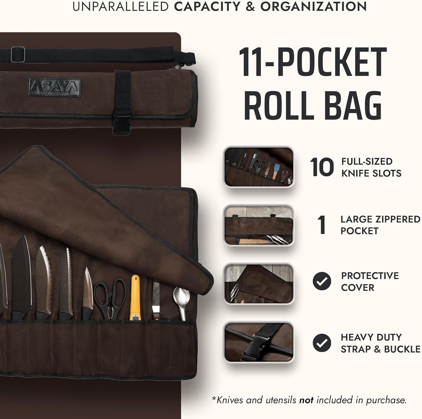 Asaya Waxed Canvas Chef Knife Roll Bag with 10 Slots and a Zipper Pocket - Professional Chef Knife Bag & Storage Case, with Shoulder Strap - Knives Not Included (Brown)