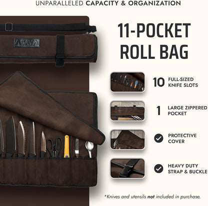 Asaya Waxed Canvas Chef Knife Roll Bag with 10 Slots and a Zipper Pocket - Professional Chef Knife Bag & Storage Case, with Shoulder Strap - Knives Not Included (Brown)