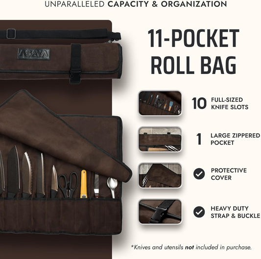 Asaya Waxed Canvas Chef Knife Roll Bag with 10 Slots and a Zipper Pocket - Professional Chef Knife Bag & Storage Case, with Shoulder Strap - Knives Not Included (Brown)