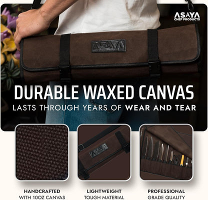 Asaya Waxed Canvas Chef Knife Roll Bag with 10 Slots and a Zipper Pocket - Professional Chef Knife Bag & Storage Case, with Shoulder Strap - Knives Not Included (Brown)