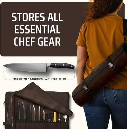 Asaya Waxed Canvas Chef Knife Roll Bag with 10 Slots and a Zipper Pocket - Professional Chef Knife Bag & Storage Case, with Shoulder Strap - Knives Not Included (Brown)