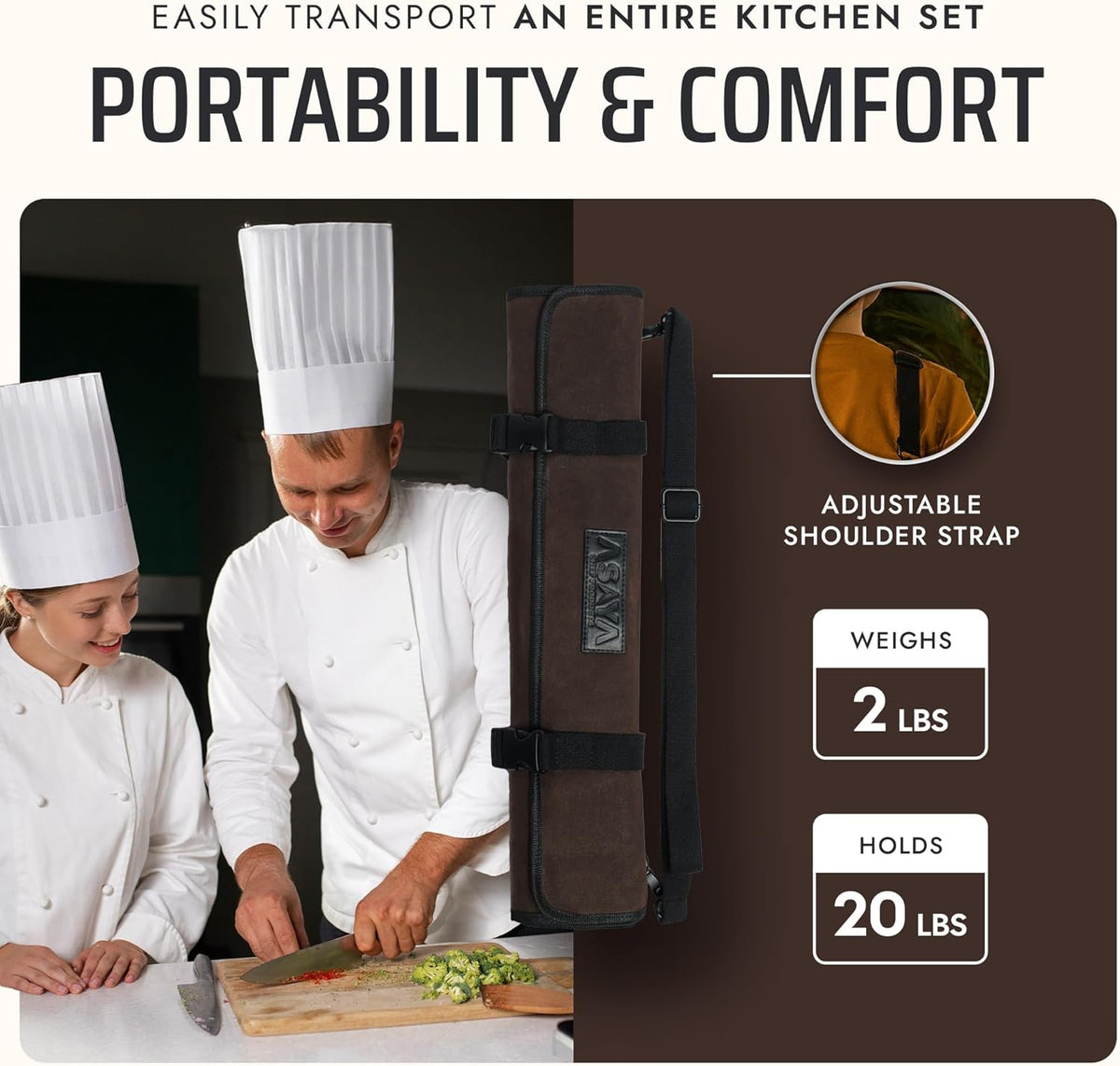 Asaya Waxed Canvas Chef Knife Roll Bag with 10 Slots and a Zipper Pocket - Professional Chef Knife Bag & Storage Case, with Shoulder Strap - Knives Not Included (Brown)