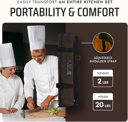 Asaya Waxed Canvas Chef Knife Roll Bag with 10 Slots and a Zipper Pocket - Professional Chef Knife Bag & Storage Case, with Shoulder Strap - Knives Not Included (Brown)