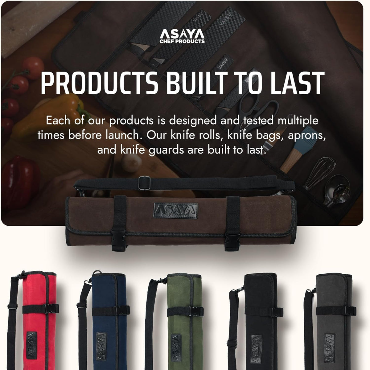 Asaya Waxed Canvas Chef Knife Roll Bag with 10 Slots and a Zipper Pocket - Professional Chef Knife Bag & Storage Case, with Shoulder Strap - Knives Not Included (Brown)