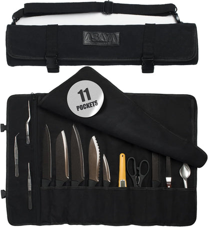 Asaya Waxed Canvas Chef Knife Roll Bag with 10 Slots and a Zipper Pocket - Professional Chef Knife Bag & Storage Case, with Shoulder Strap - Knives Not Included (Brown)