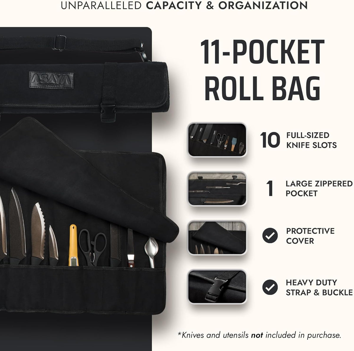 Asaya Waxed Canvas Chef Knife Roll Bag with 10 Slots and a Zipper Pocket - Professional Chef Knife Bag & Storage Case, with Shoulder Strap - Knives Not Included (Brown)