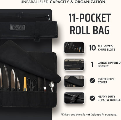 Asaya Waxed Canvas Chef Knife Roll Bag with 10 Slots and a Zipper Pocket - Professional Chef Knife Bag & Storage Case, with Shoulder Strap - Knives Not Included (Brown)