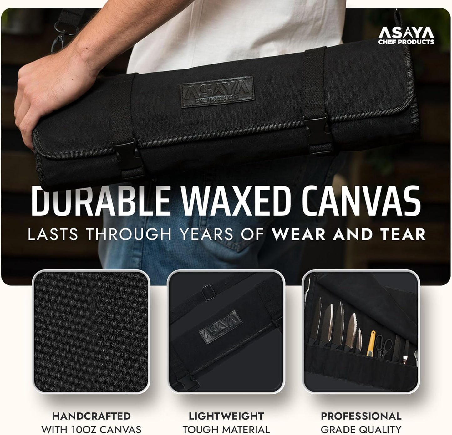 Asaya Waxed Canvas Chef Knife Roll Bag with 10 Slots and a Zipper Pocket - Professional Chef Knife Bag & Storage Case, with Shoulder Strap - Knives Not Included (Brown)