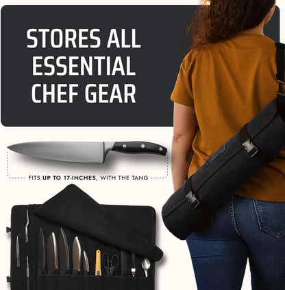 Asaya Waxed Canvas Chef Knife Roll Bag with 10 Slots and a Zipper Pocket - Professional Chef Knife Bag & Storage Case, with Shoulder Strap - Knives Not Included (Brown)