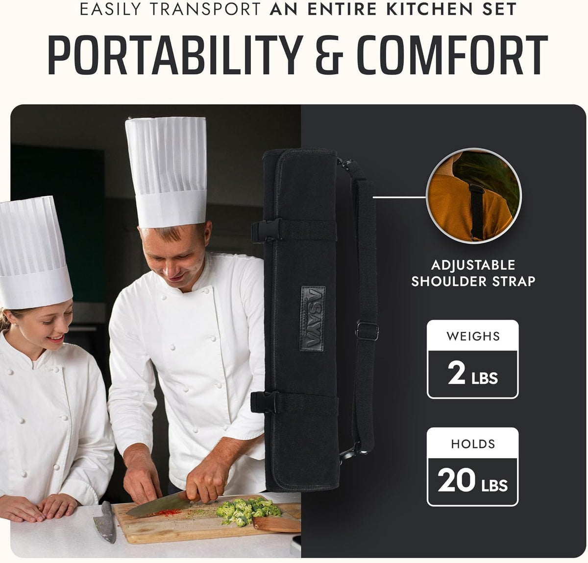 Asaya Waxed Canvas Chef Knife Roll Bag with 10 Slots and a Zipper Pocket - Professional Chef Knife Bag & Storage Case, with Shoulder Strap - Knives Not Included (Brown)