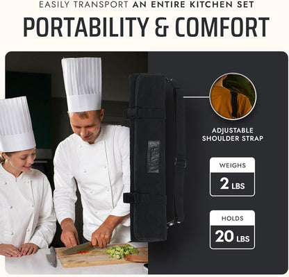 Asaya Waxed Canvas Chef Knife Roll Bag with 10 Slots and a Zipper Pocket - Professional Chef Knife Bag & Storage Case, with Shoulder Strap - Knives Not Included (Brown)