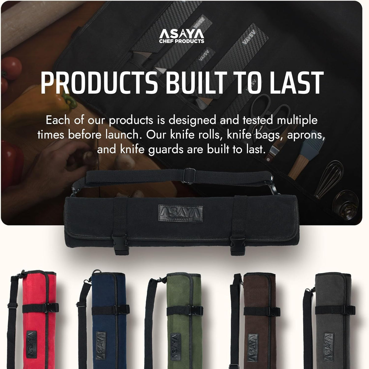 Asaya Waxed Canvas Chef Knife Roll Bag with 10 Slots and a Zipper Pocket - Professional Chef Knife Bag & Storage Case, with Shoulder Strap - Knives Not Included (Brown)