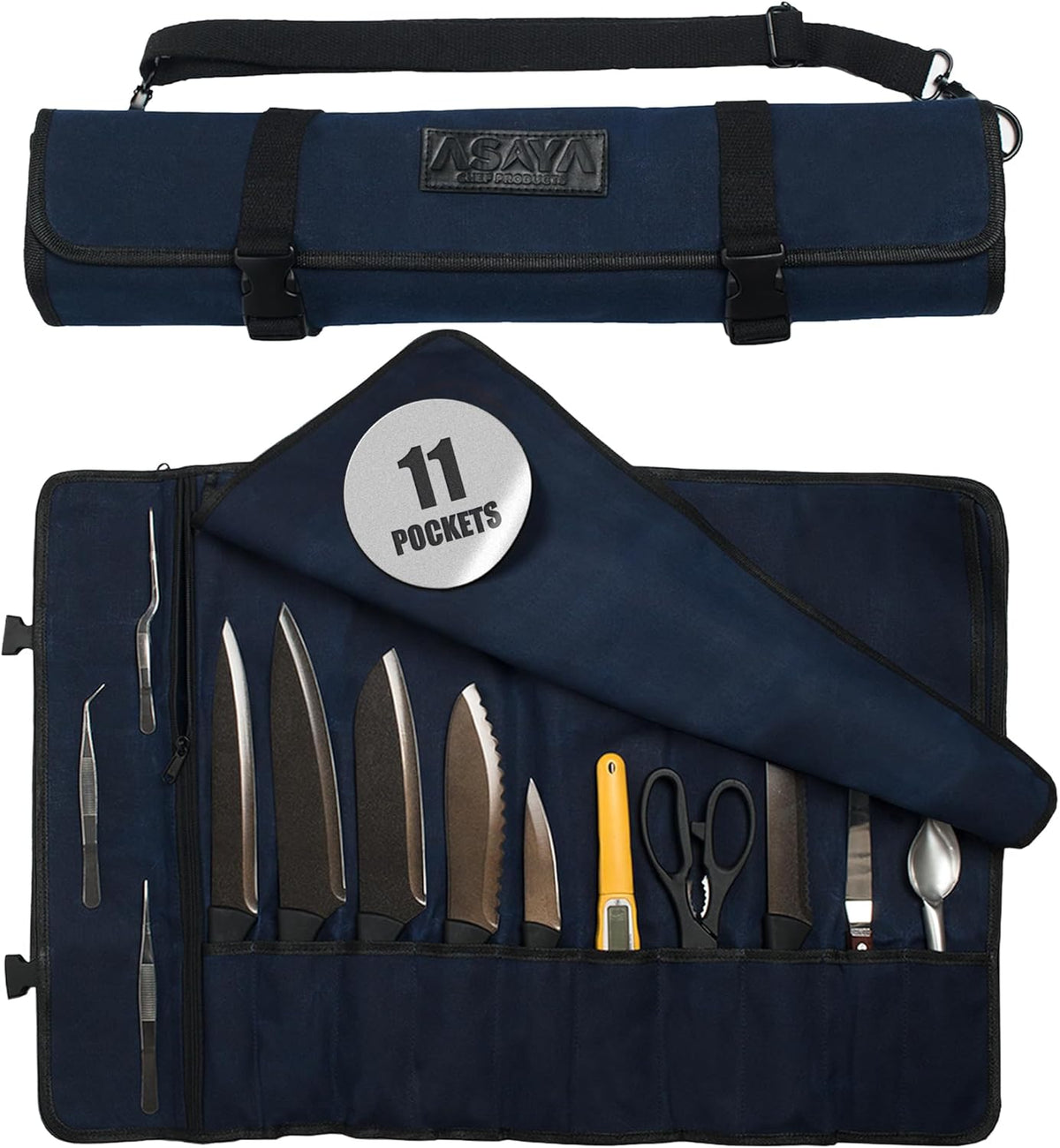 Asaya Waxed Canvas Chef Knife Roll Bag with 10 Slots and a Zipper Pocket - Professional Chef Knife Bag & Storage Case, with Shoulder Strap - Knives Not Included (Brown)