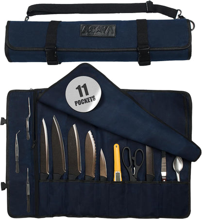 Asaya Waxed Canvas Chef Knife Roll Bag with 10 Slots and a Zipper Pocket - Professional Chef Knife Bag & Storage Case, with Shoulder Strap - Knives Not Included (Brown)