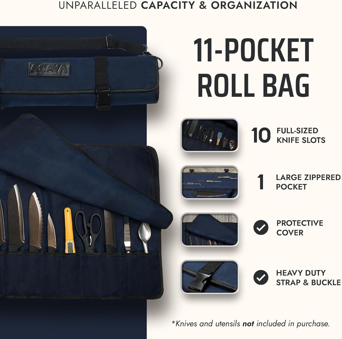 Asaya Waxed Canvas Chef Knife Roll Bag with 10 Slots and a Zipper Pocket - Professional Chef Knife Bag & Storage Case, with Shoulder Strap - Knives Not Included (Brown)