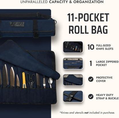 Asaya Waxed Canvas Chef Knife Roll Bag with 10 Slots and a Zipper Pocket - Professional Chef Knife Bag & Storage Case, with Shoulder Strap - Knives Not Included (Brown)