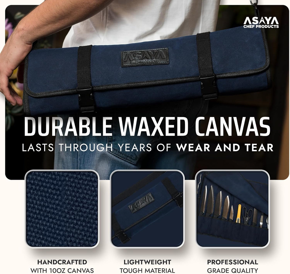 Asaya Waxed Canvas Chef Knife Roll Bag with 10 Slots and a Zipper Pocket - Professional Chef Knife Bag & Storage Case, with Shoulder Strap - Knives Not Included (Brown)