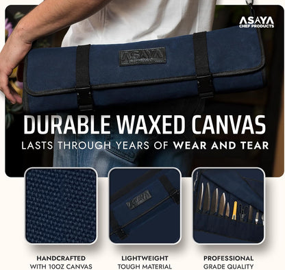 Asaya Waxed Canvas Chef Knife Roll Bag with 10 Slots and a Zipper Pocket - Professional Chef Knife Bag & Storage Case, with Shoulder Strap - Knives Not Included (Brown)