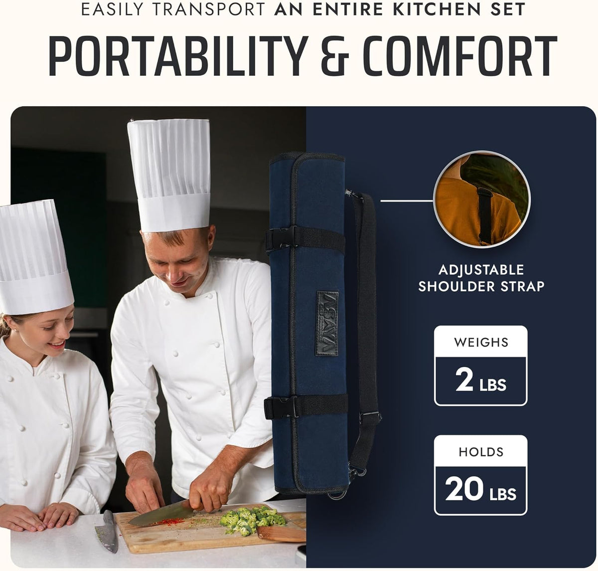 Asaya Waxed Canvas Chef Knife Roll Bag with 10 Slots and a Zipper Pocket - Professional Chef Knife Bag & Storage Case, with Shoulder Strap - Knives Not Included (Brown)