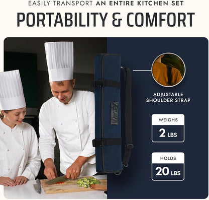 Asaya Waxed Canvas Chef Knife Roll Bag with 10 Slots and a Zipper Pocket - Professional Chef Knife Bag & Storage Case, with Shoulder Strap - Knives Not Included (Brown)