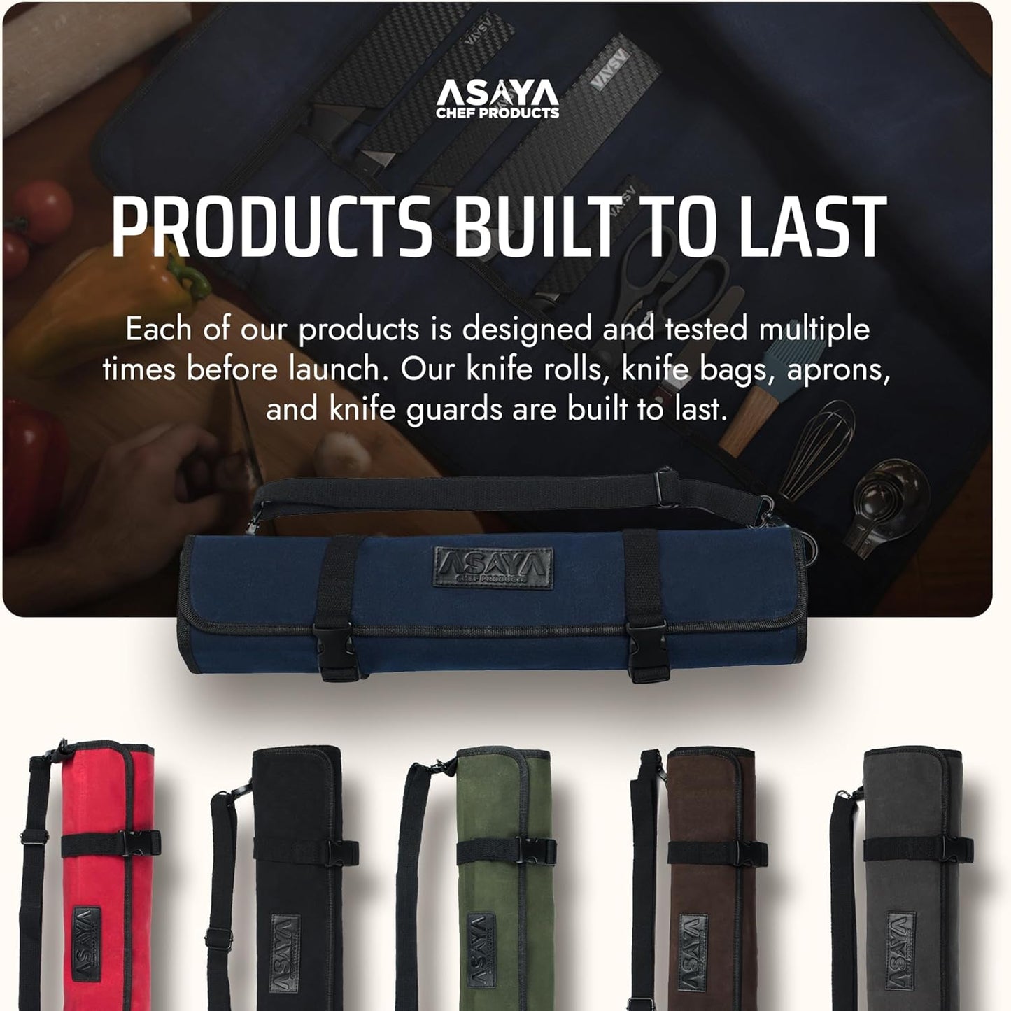 Asaya Waxed Canvas Chef Knife Roll Bag with 10 Slots and a Zipper Pocket - Professional Chef Knife Bag & Storage Case, with Shoulder Strap - Knives Not Included (Brown)