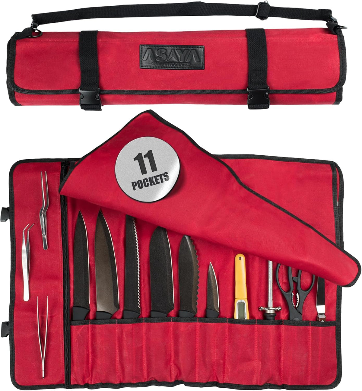 Asaya Waxed Canvas Chef Knife Roll Bag with 10 Slots and a Zipper Pocket - Professional Chef Knife Bag & Storage Case, with Shoulder Strap - Knives Not Included (Brown)