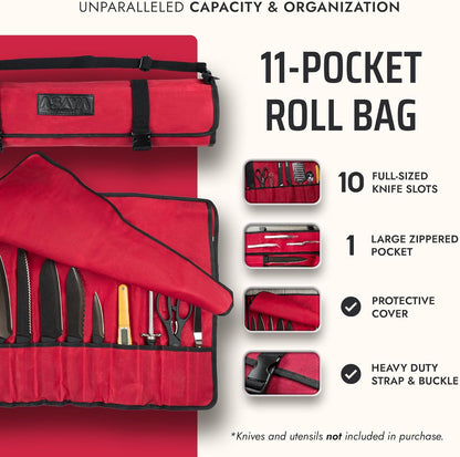 Asaya Waxed Canvas Chef Knife Roll Bag with 10 Slots and a Zipper Pocket - Professional Chef Knife Bag & Storage Case, with Shoulder Strap - Knives Not Included (Brown)