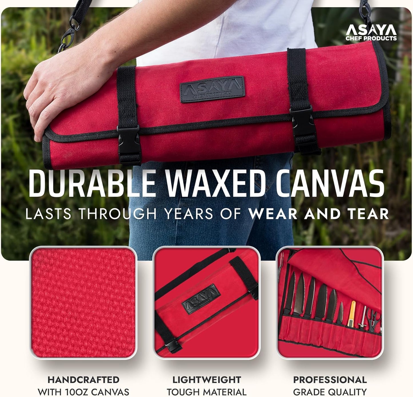 Asaya Waxed Canvas Chef Knife Roll Bag with 10 Slots and a Zipper Pocket - Professional Chef Knife Bag & Storage Case, with Shoulder Strap - Knives Not Included (Brown)
