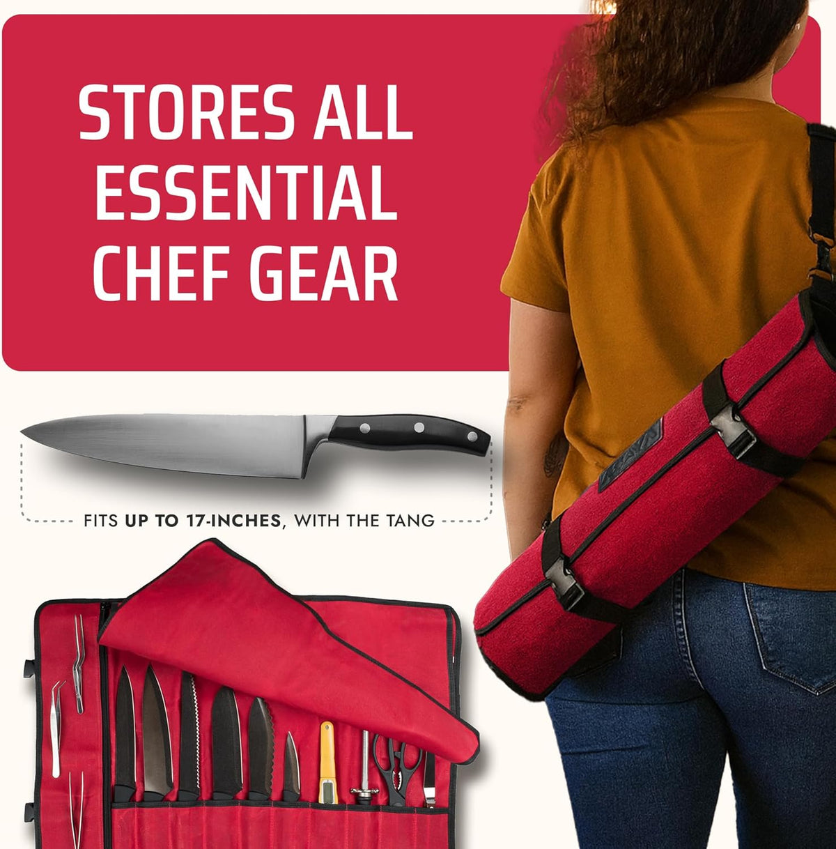 Asaya Waxed Canvas Chef Knife Roll Bag with 10 Slots and a Zipper Pocket - Professional Chef Knife Bag & Storage Case, with Shoulder Strap - Knives Not Included (Brown)