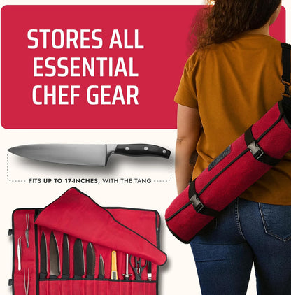 Asaya Waxed Canvas Chef Knife Roll Bag with 10 Slots and a Zipper Pocket - Professional Chef Knife Bag & Storage Case, with Shoulder Strap - Knives Not Included (Brown)