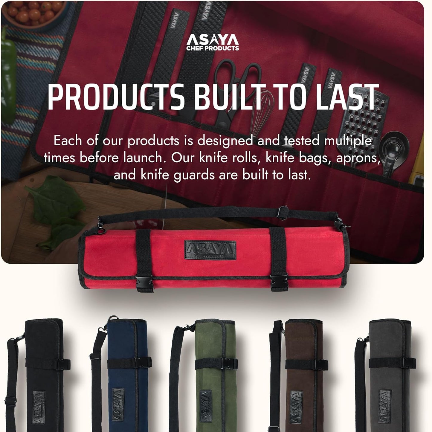 Asaya Waxed Canvas Chef Knife Roll Bag with 10 Slots and a Zipper Pocket - Professional Chef Knife Bag & Storage Case, with Shoulder Strap - Knives Not Included (Brown)