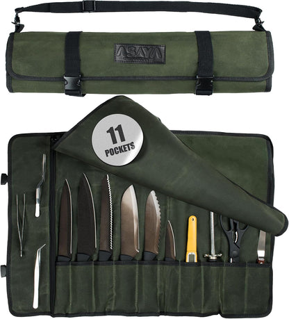Asaya Waxed Canvas Chef Knife Roll Bag with 10 Slots and a Zipper Pocket - Professional Chef Knife Bag & Storage Case, with Shoulder Strap - Knives Not Included (Brown)