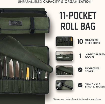 Asaya Waxed Canvas Chef Knife Roll Bag with 10 Slots and a Zipper Pocket - Professional Chef Knife Bag & Storage Case, with Shoulder Strap - Knives Not Included (Brown)